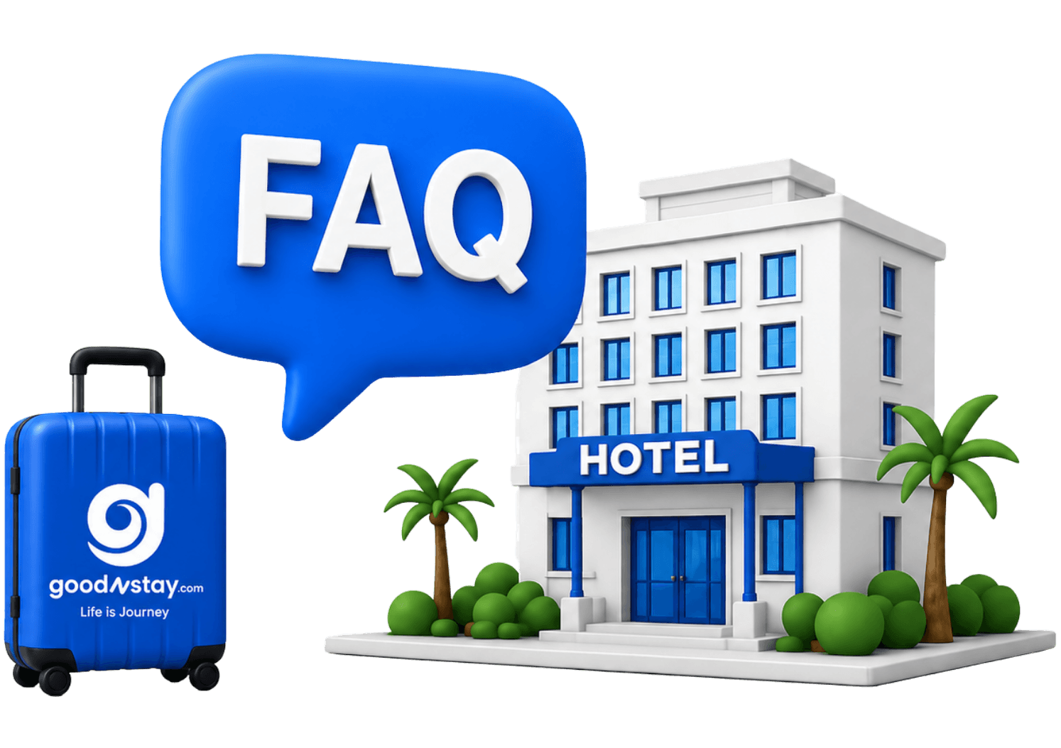 FAQ illustration with goodNstay suitcase and hotel